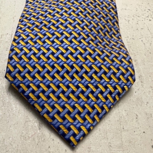 Bolgheri 100% Silk Mens Neck Tie; Made in Italy; Blue/Yellow Basketweave Pattern - Picture 8 of 9